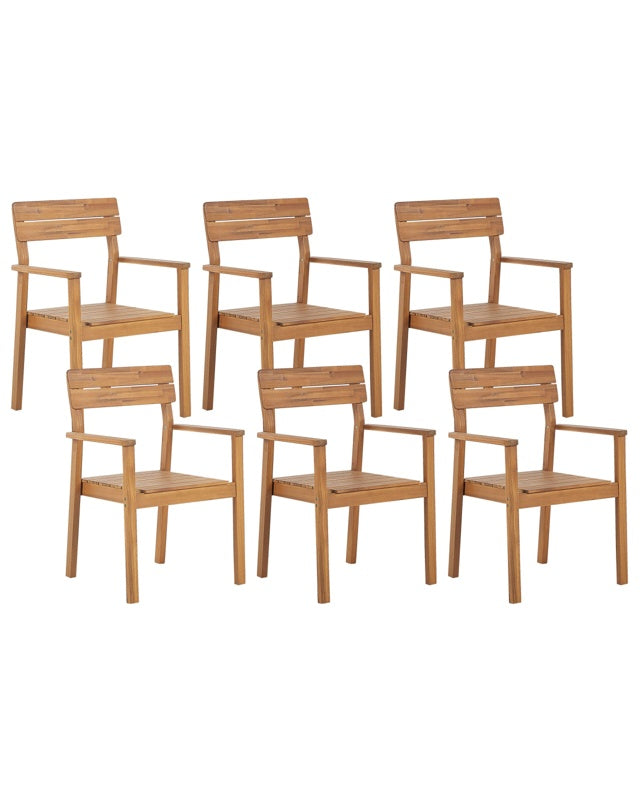 Set of 6 Garden Chairs Light Acacia Wood Outdoor with Armrests Rustic Style Beliani