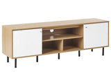 TV Stand Light Wood White Particle Board Metal 160 x 56 x 40 cm for a TV up to 70 2 Doors 3 Shelves Black Legs Scandinavian Design Living Room Beliani