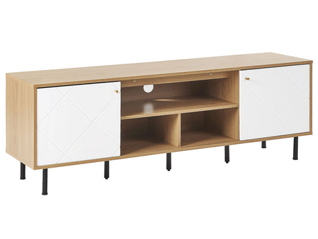 TV Stand Light Wood White Particle Board Metal 160 x 56 x 40 cm for a TV up to 70 2 Doors 3 Shelves Black Legs Scandinavian Design Living Room Beliani