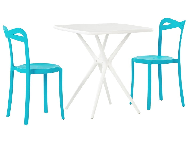 Bistro Set White and Blue Synthetic 2 Stacking Chairs Square Table Lightweight Indoor Outdoor Plastic Modern Beliani