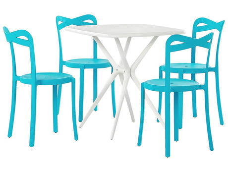 Garden Dining Set White and Blue Synthetic 4 Stacking Chairs Square Table Lightweight Indoor Outdoor Plastic Modern Beliani