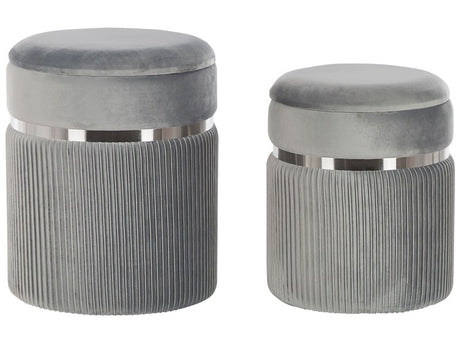 Set of 2 Pouffes Light Grey Velvet Metal Bands Glamour Internal Storage Living Room Bedroom Beliani