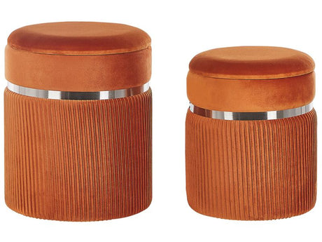 Set of 2 Pouffes Orange Velvet Metal Bands Glamour Internal Storage Living Room Bedroom Beliani