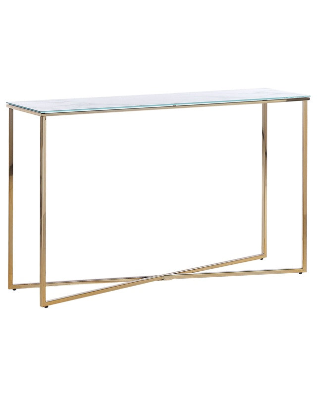 Console Table White Gold Tempered Glass Steel 120 x 35 cm Marble Effect Glam Modern Living Room Bedroom Hallway Beliani