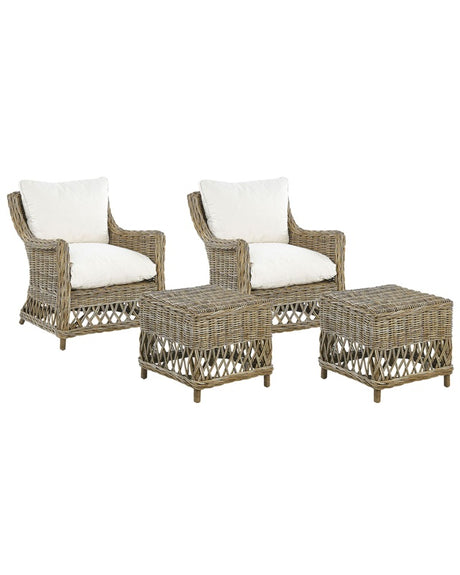 Set of 2 Garden Armchairs Natural Rattan with Footrest Cotton Seat Back Cushions Off-White Indoor Outdoor Beliani