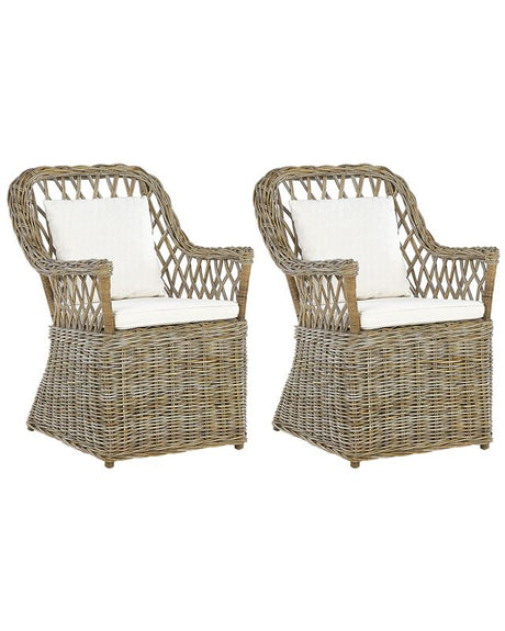 Set of 2 Garden Armchairs Natural Rattan with Cotton Seat Back Cushions Off-White Indoor Outdoor Beliani