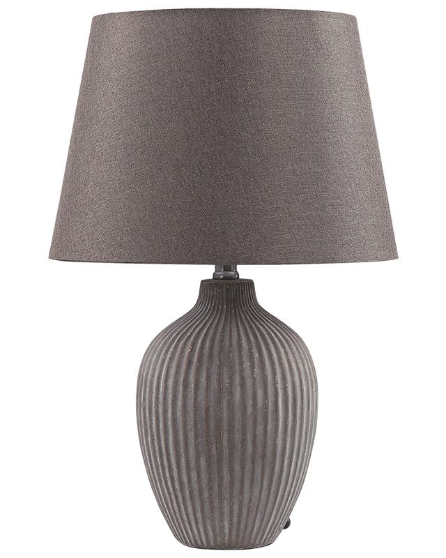 Table Lamp Brown Ceramic 52 cm Linen Empire Shade Bedside Living Room Bedroom Lighting Retro Style Beliani