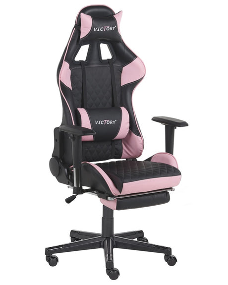 Gaming Chair Black Pink Faux Leather 126 - 136 cm Swivel Adjustable Armrests and Height Footrest Modern Beliani