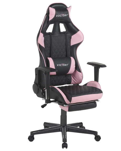Gaming Chair Black Pink Faux Leather 126 - 136 cm Swivel Adjustable Armrests and Height Footrest Modern Beliani