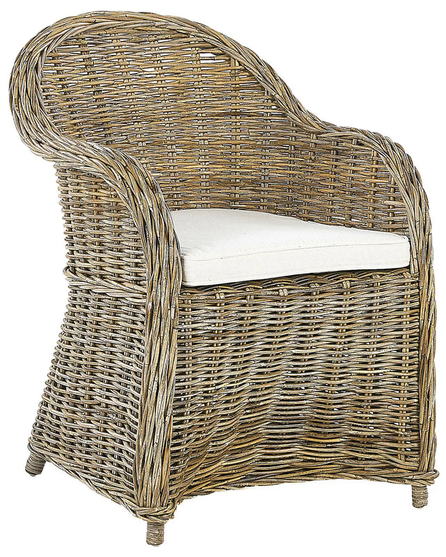 Garden Armchair Natural Rattan with Cotton Seat Cushion Off-White Indoor Outdoor Beliani