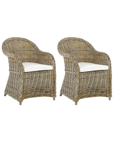 Set of 2 Garden Armchairs Natural Rattan with Cotton Seat Cushion Off-White Indoor Outdoor Beliani