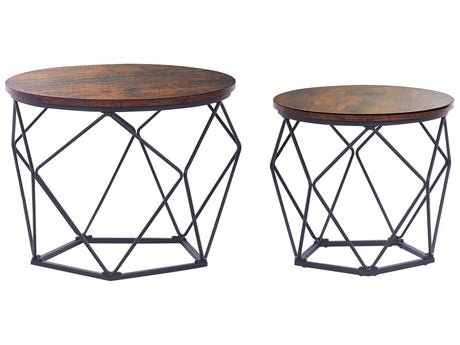 Set of 2 Coffee Table Dark Wood Black Particle Board Iron Round Removable Tops Modern Industrial End Side Tables for Living Room Beliani