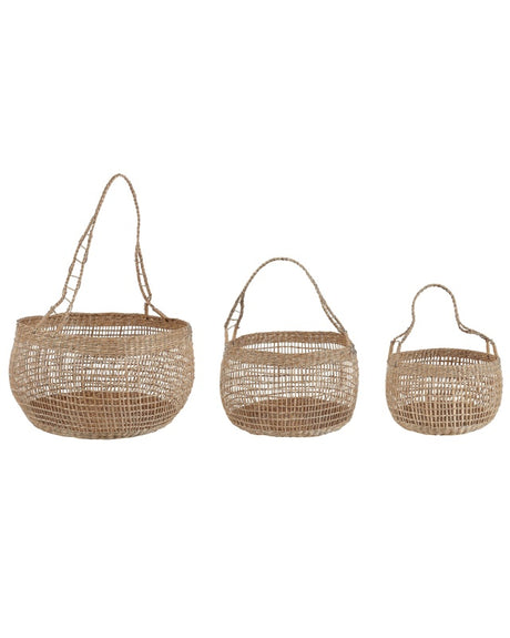 Set of 3 Baskets Natural Seagrass with Handles Home Accessory Boho Style Beliani