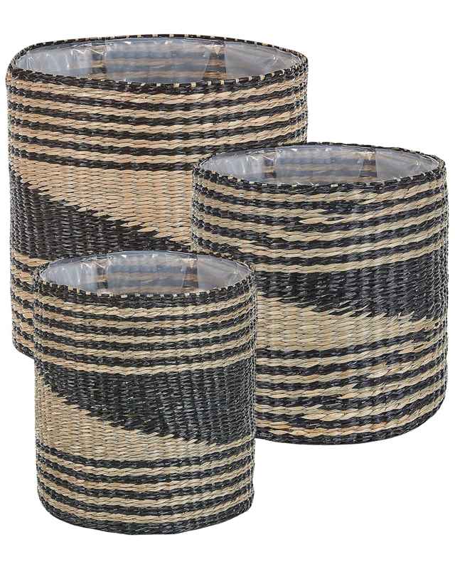 Set of 3 Plant Baskets Natural Seagrass Planter Pots with Lining Indoor Use Boho Style Beliani