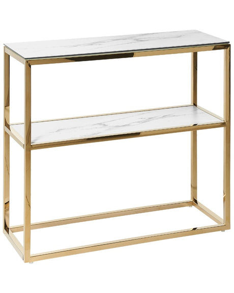 Console Table White with Gold Tempered Glass Stainless Steel 80 x 30 cm Shelf Rectangular Glam Modern Living Room Bedroom Hallway Beliani