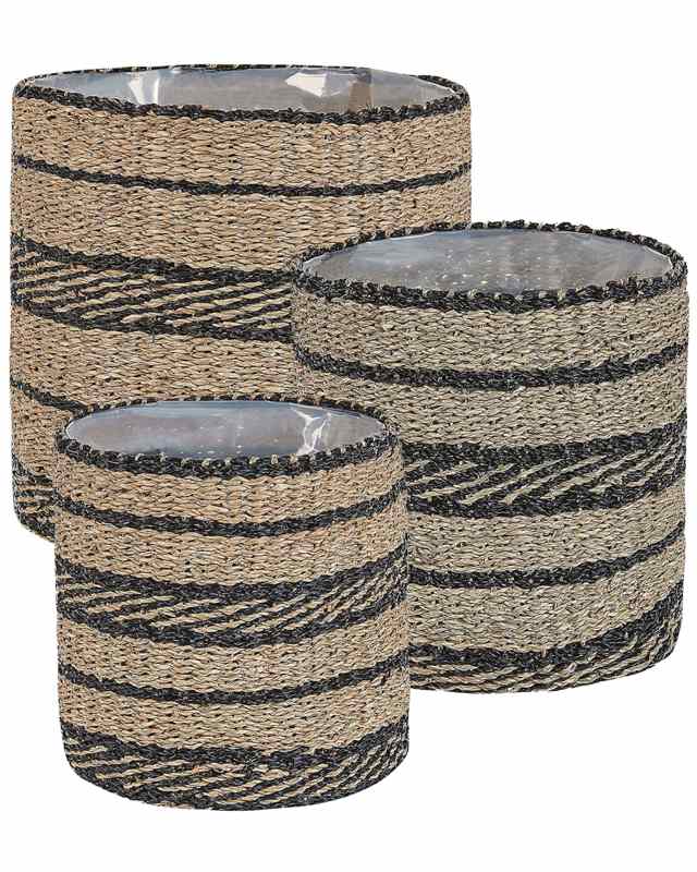 Set of 3 Plant Baskets Natural Seagrass Planter Pots with Lining Indoor Use Beliani