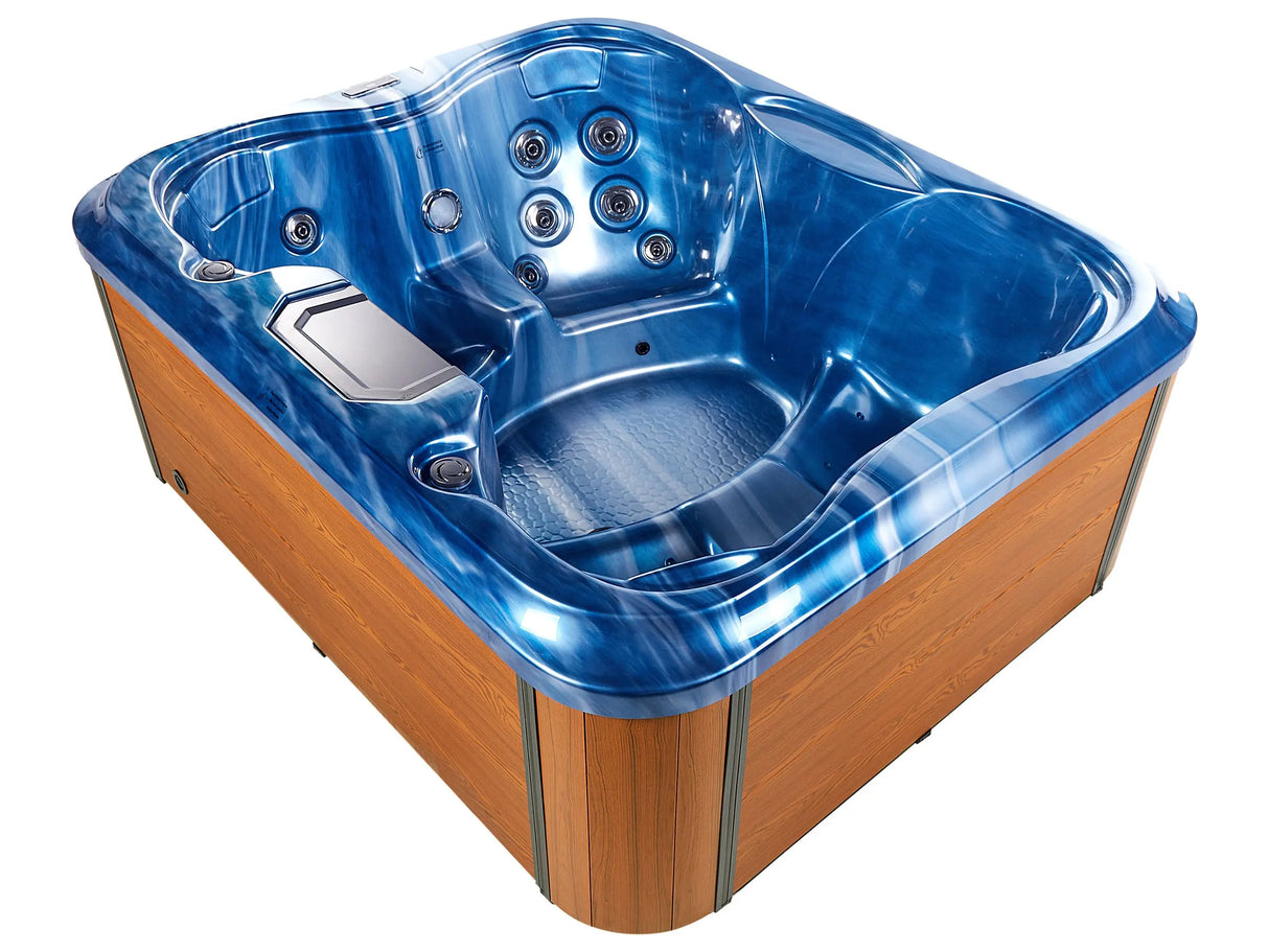 Hot Tub Blue Acrylic 180 x 215 cm 4 Seats 19 Hydromassage Jets Wood Effect Aluminium Case with LED Light Beliani