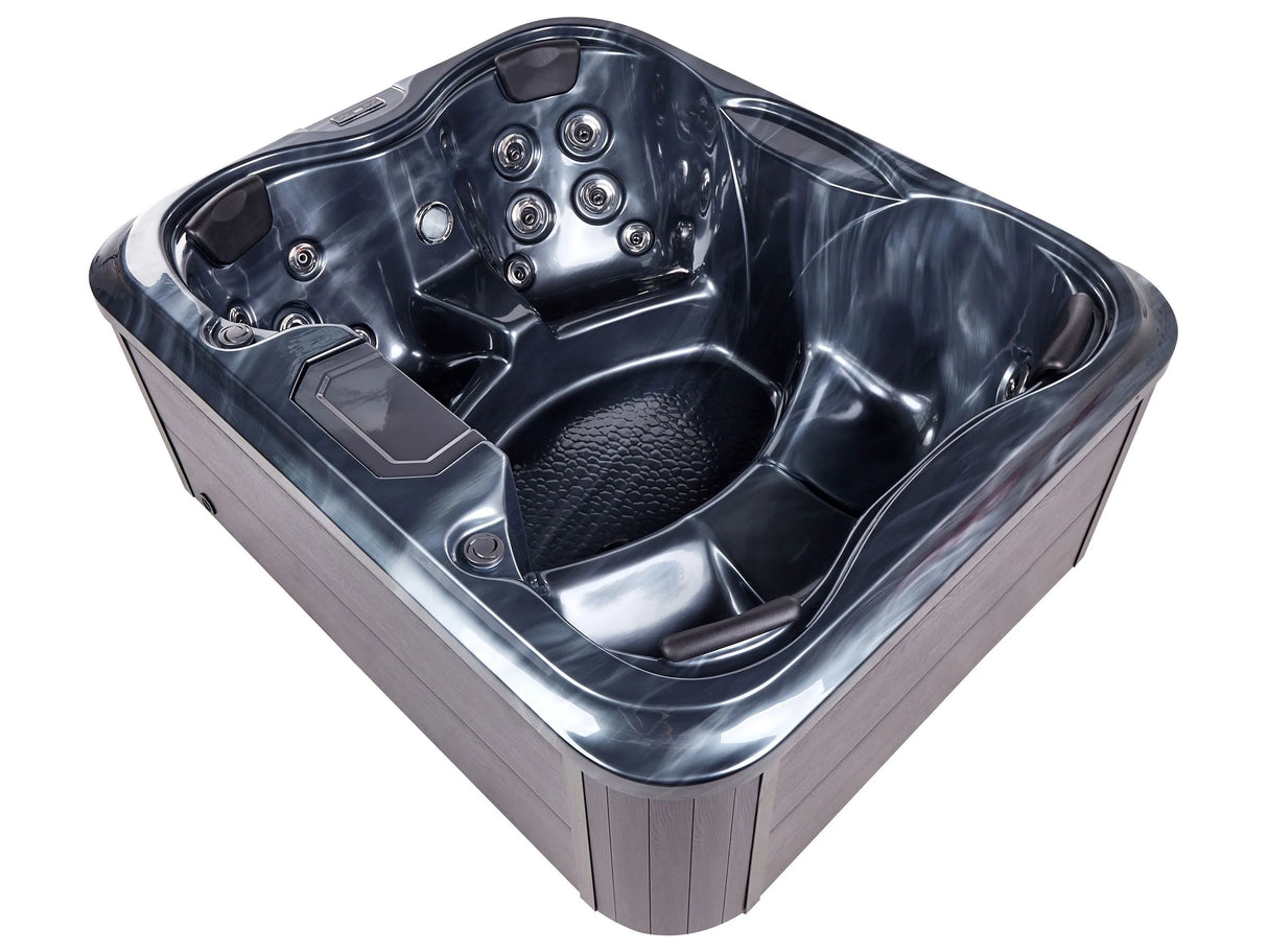 Hot Tub Grey Acrylic 180 x 215 cm 4 Seats 19 Hydromassage Jets Wood Effect Aluminium Case with LED Light Beliani
