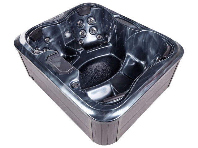 Hot Tub Grey Acrylic 180 x 215 cm 4 Seats 19 Hydromassage Jets Wood Effect Aluminium Case with LED Light Beliani
