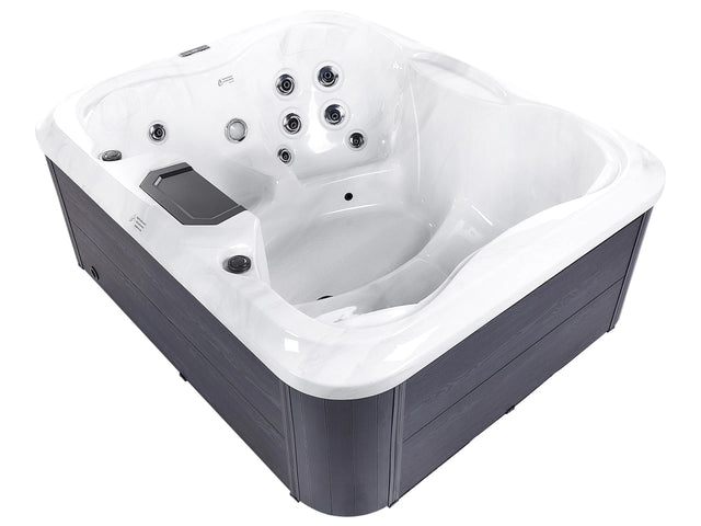 Hot Tub White Acrylic 180 x 215 cm 4 Seats 19 Hydromassage Jets Wood Effect Aluminium Case with LED Light Beliani
