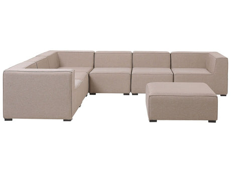 Corner Sofa Set Beige Fabric Upholstery 7 Seater with Ottoman Indoor Outdoor Modular Garden Lounge Set Right Hand Beliani