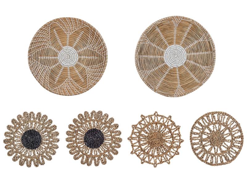 Set of 6 Wall Decor Natural Seagrass Decorative Hanging Plates Baskets African Style Beliani