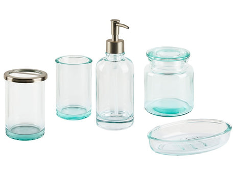 5-Piece Bathroom Accessories Set Green Glass Glam Soap Dispenser Soap Dish Toothrbrush Holder Cup Beliani