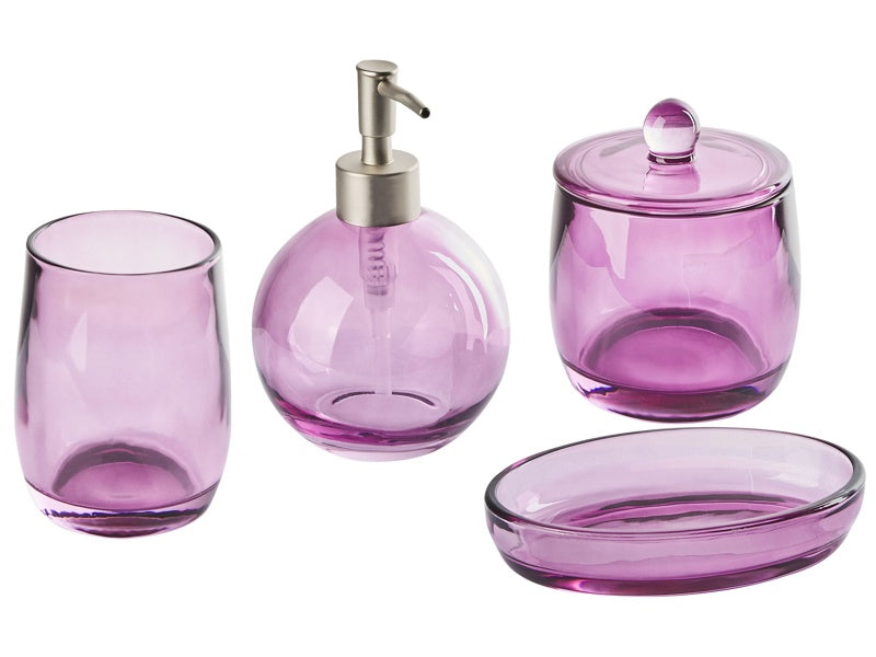 4-Piece Bathroom Accessories Set Violet Glass Glam Soap Dispenser Soap Dish Toothrbrush Holder Cup Beliani