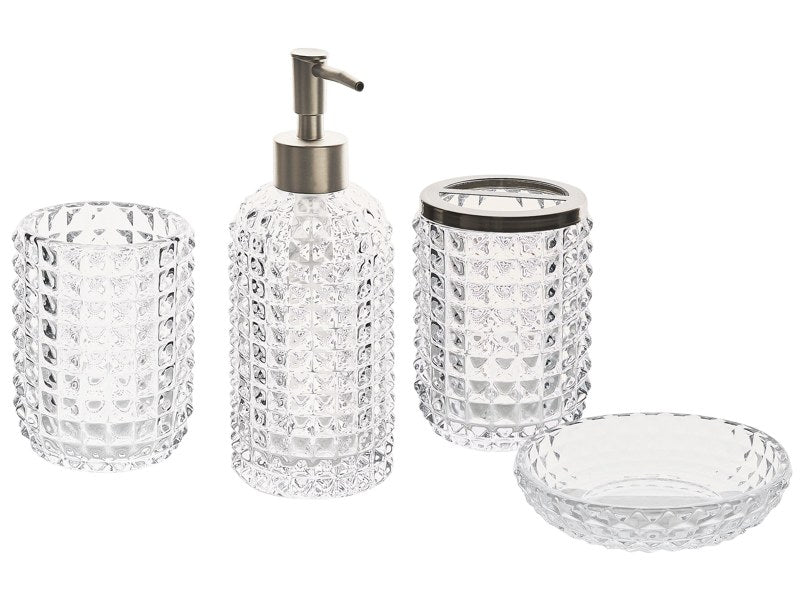 4-Piece Bathroom Accessories Set Clear Glass Glam Soap Dispenser Soap Dish Toothrbrush Holder Cup Beliani