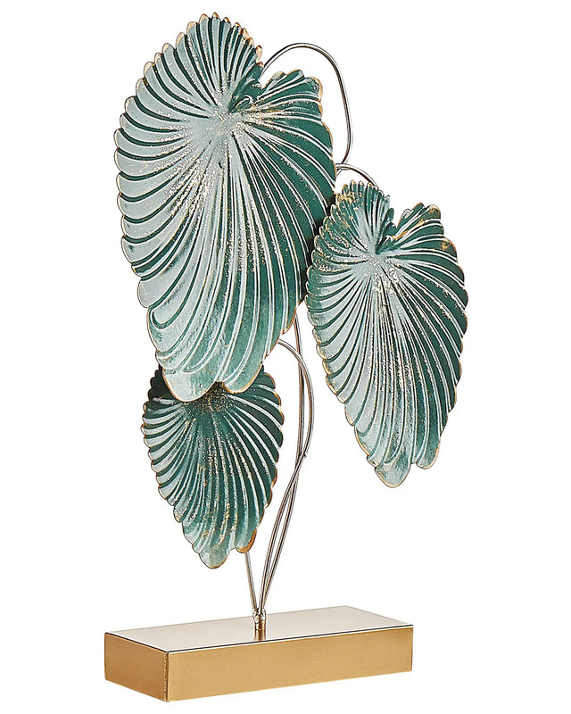 Decorative Figurine Gold and Teal Iron 44 cm Statue with Leaves on Stand Statuette Ornament Decor Accessories Beliani