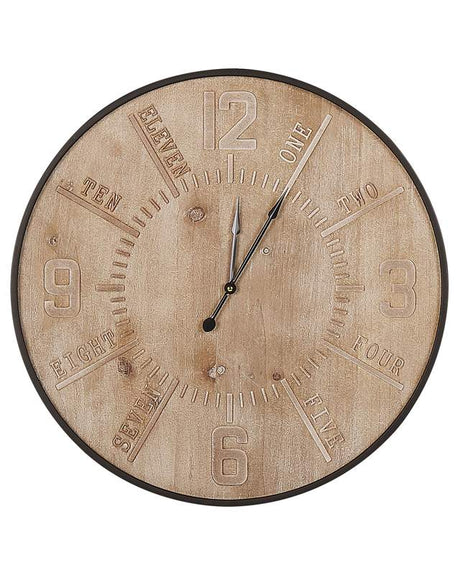 Round Wall Clock Gold Iron Frame Retro Design MDF 60 cm Light Wood Face Beliani