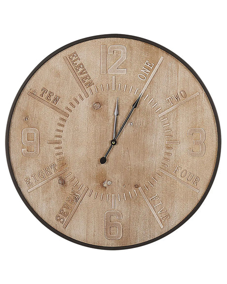 Round Wall Clock Gold Iron Frame Retro Design MDF 60 cm Light Wood Face Beliani