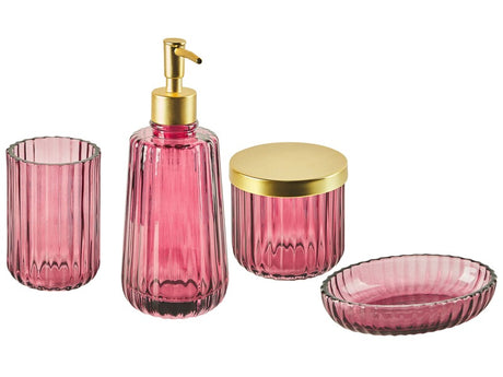 4-Piece Bathroom Accessories Set Pink Glass Glam Soap Dispenser Soap Dish Toothrbrush Holder Cup Beliani