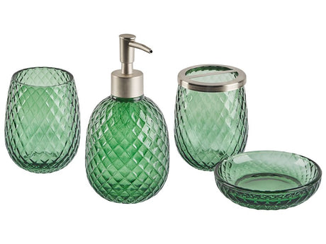 4-Piece Bathroom Accessories Set Green Glass Glam Soap Dispenser Soap Dish Toothrbrush Holder Cup Beliani