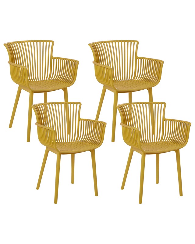 Set of 4 Dining Chairs Yellow Plastic Indoor Outdoor Garden with Armrests Minimalistic Style Beliani