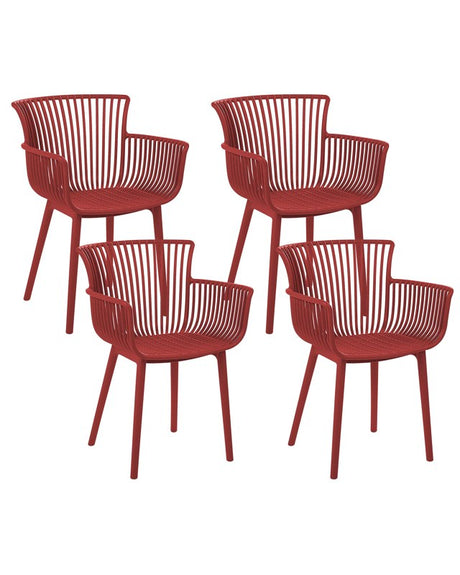 Set of 4 Dining Chairs Red Plastic Indoor Outdoor Garden with Armrests Minimalistic Style Beliani