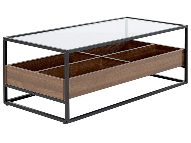 Coffee Table Dark Wood with Black Glass Top Metal 110 x 55 cm Frame Storage Function Rectangular Modern Design Beliani