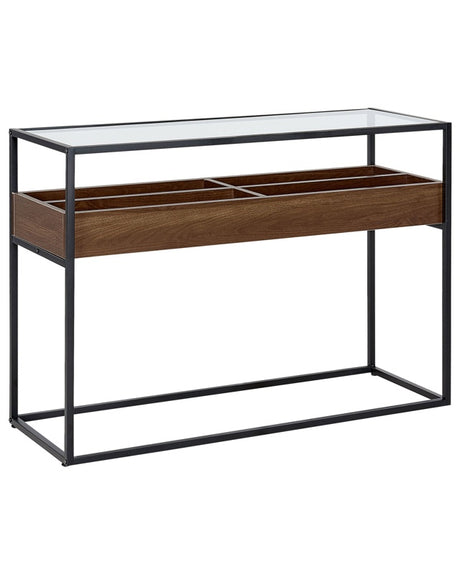 Console Dark Wood with Black Glass Top Metal 110 x 40 cm Frame Storage Function Rectangular Modern Design Beliani