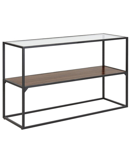 Console Dark Wood with Black Glass Top Metal Frame 122 x 40 cm Storage Function Rectangular Modern Design Beliani