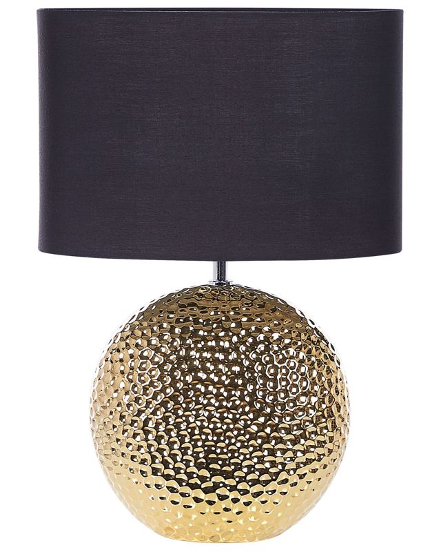 Table Lamp Gold and Black Ceramic Glossy Base Polyester Drum Shade Glamorous Design Beliani