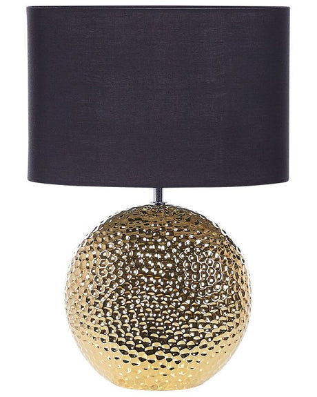 Table Lamp Gold and Black Ceramic Glossy Base Polyester Drum Shade Glamorous Design Beliani