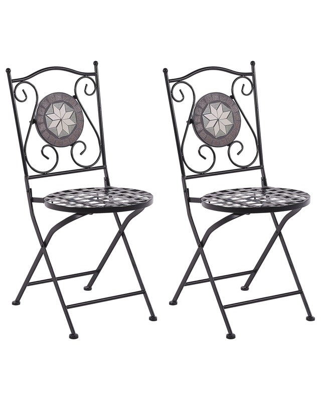 Set of 2 Garden Chairs Black Metal Folding Carved Backrest Mosaic Tiles Pattern Vintage Style Beliani