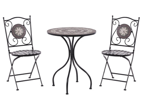 Garden Bistro Set Metal Black Table and Folding Chairs Mosaic Pattern Tiles Vintage Style Outdoor Set Beliani