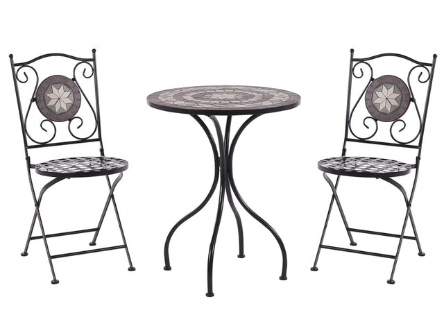 Garden Bistro Set Metal Black Table and Folding Chairs Mosaic Pattern Tiles Vintage Style Outdoor Set Beliani