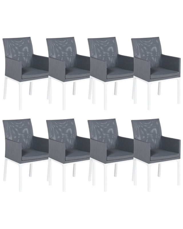 Set of 8 Garden Chairs Grey Textilene Upholstery Aluminium White Legs Quick Dry Foam Beliani