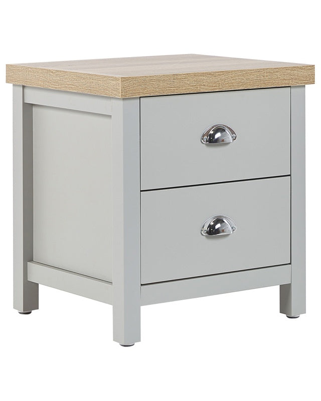 Bedside Table Grey Light Wood Particle Board 45 x 45 cm 2 Drawers Nightstand Scandinavian Traditional Style Beliani