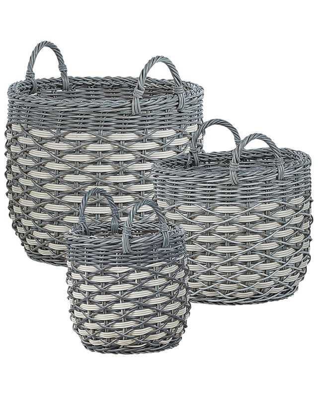 Set of 3 Plant Baskets Grey and White PE Rattan Planter Pots with Lining Indoor Outdoor Use Beliani