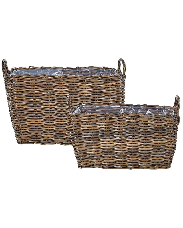 Set of  2 Plant Baskets Brown PE Rattan Planter Pots with Lining Indoor Outdoor Use Beliani