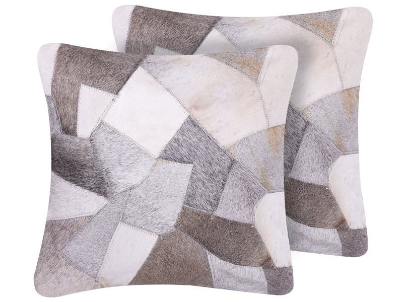 Set of 2 Decorative Cushions Grey Cowhide Leather Patchwork 45 x 45 cm Country Modern Decor Accessories Beliani