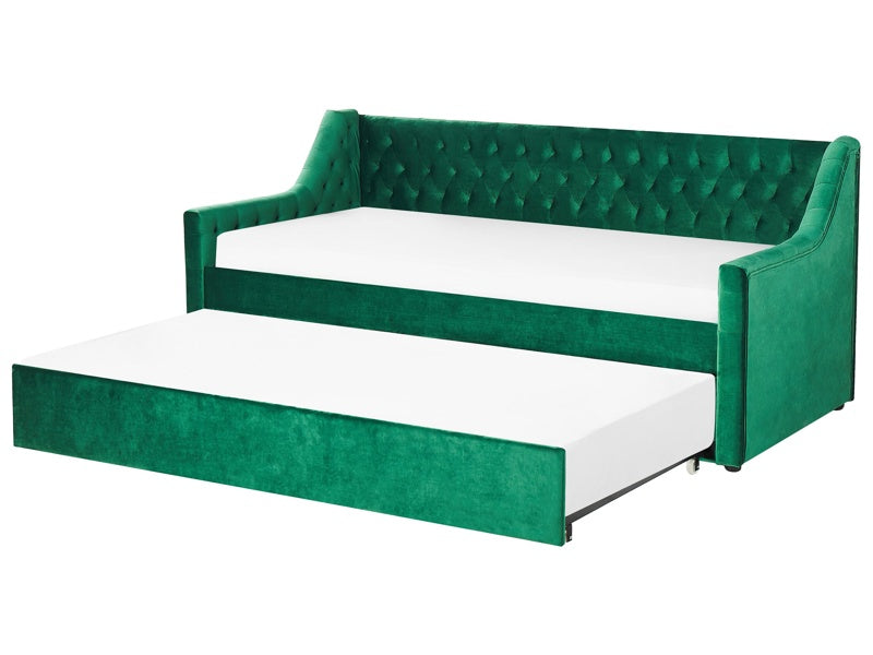 Trundle Bed Frame Green Velvet EU Single Size 3ft Slatted Frame Buttoned Glam Beliani